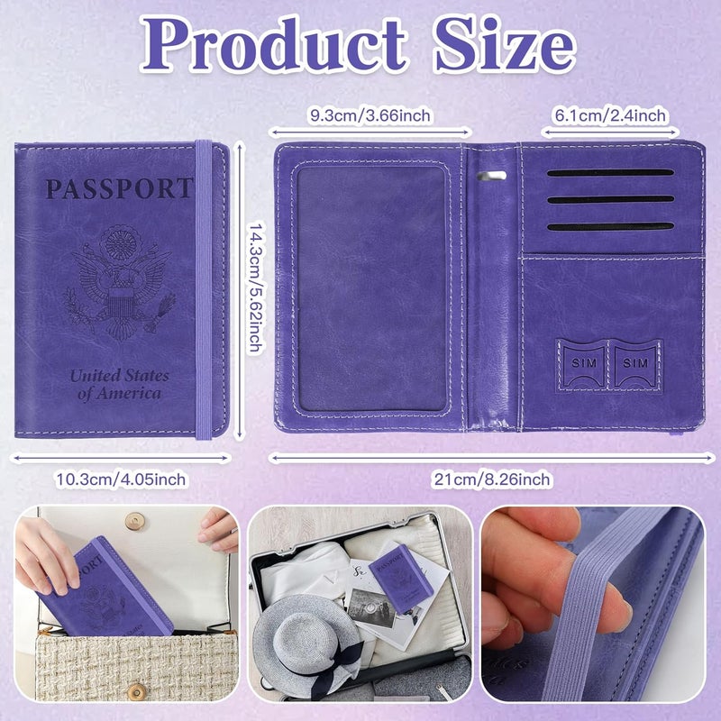 RHOttbiy Passport Holder for Travel, RFID Blocking Passport Cover with Pen Holder Leather Passport Wallet Case Travel Must Haves Accessories Passport Book Card Holder for Family Travel Essentials, Dark Purple - Image 3